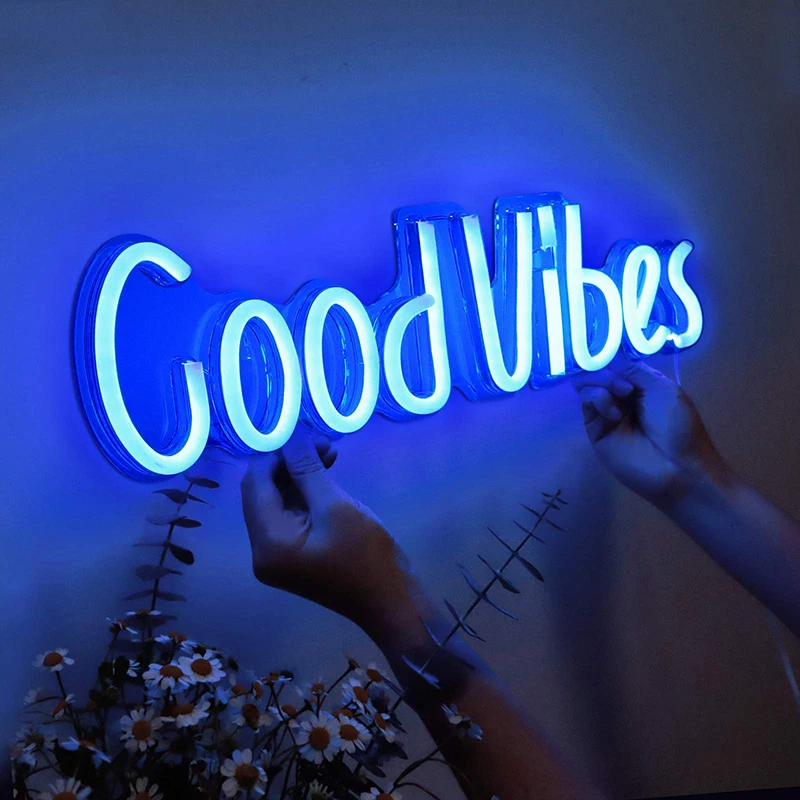 Good Vibes Neon Signs Led Neon Light Signs with Acrylic Board, Goodvibes Neon Word Light Wall Decor for Bedroom Game Room