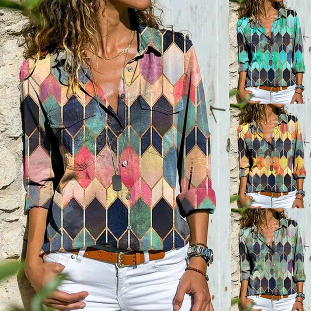 

Женская винтажная блузка с геометрическим принтом, длинным рукавом, осень 2021