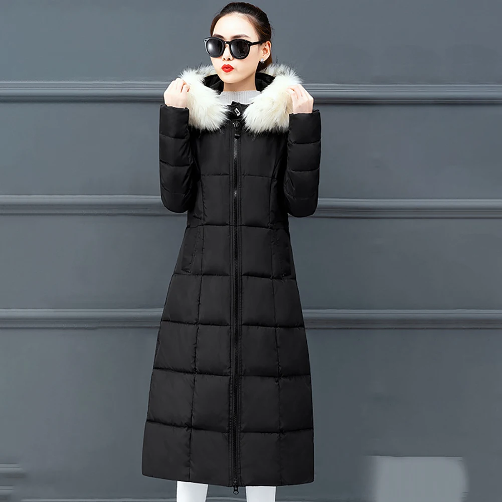 With Pockets Solid Long Sleeve Slim Fit Women Down Coat Zipper Warm Casual Windproof Thickening Daily Winter Faux Fur Hooded |