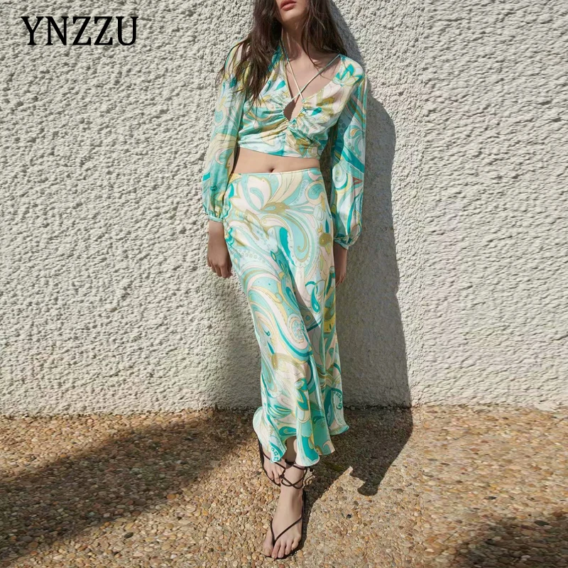 

Women's Set Fashion Hollow out Print Shirt blouse 2021 Newest High Quality Satin top and skirt Two piece set Holiday YNZZU 1T122