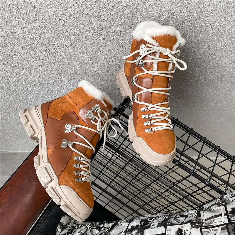 

ANNYMOLI Real Leather Platform Mid Heel Ankle Boots Women Snow Boots Shoes Rivet Lace Up Block Heels Short Boots Winter Yellow