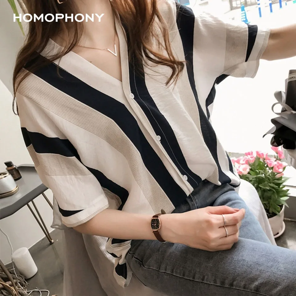 Блузка Homophony женская с V-образным вырезом модная Свободная рубашка в полоску