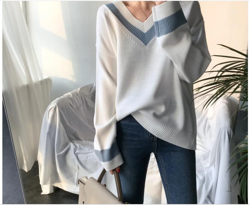 Женский свитер 2019 с v-образным вырезом и длинным рукавом белый вязаный пуловер
