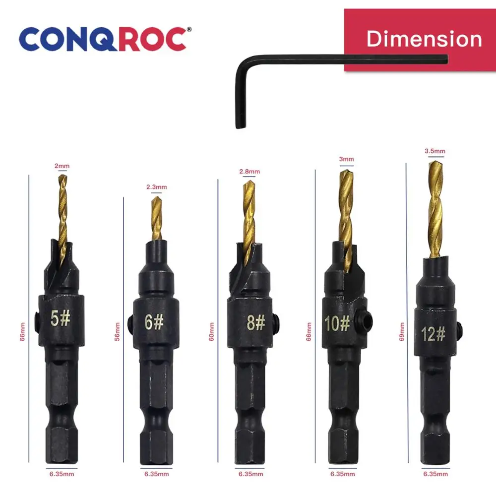 Набор сверл для зенковки с титановым покрытием 1/4 дюйма 6 35 мм 5 шт.|Сверла| |