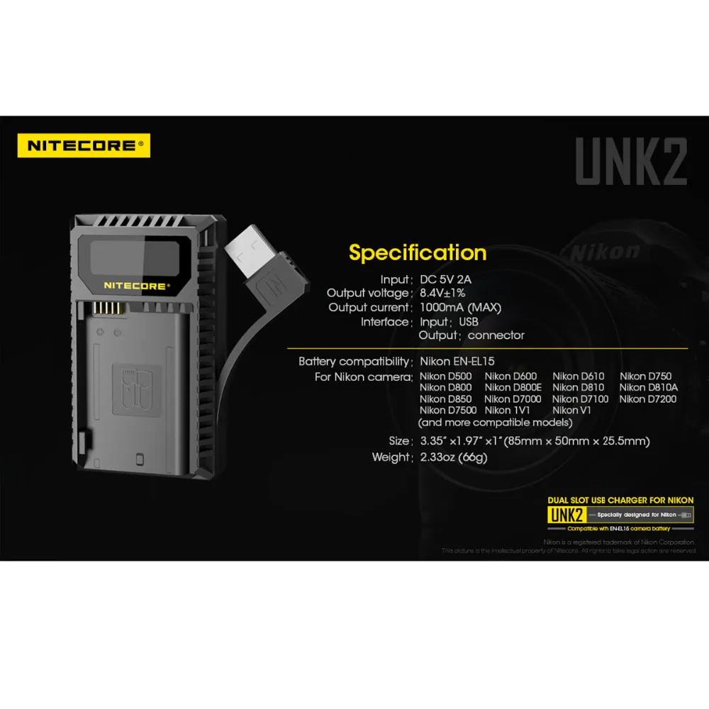 Новый Nitecore UNK2 Dual USB Зарядное устройство для Nikon EN-EL15 Батарея D500 D600 D610 D750 D800 D800E D810 D810A