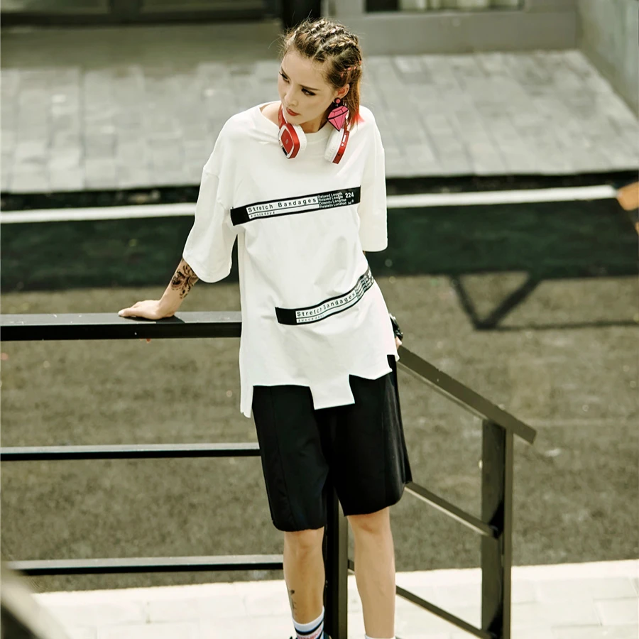 

Sport Oversize Black Tshirt Women Irregular Hem Hip Hop Plus Size Loose Tees Patchwork Fashion Letters Ribbon Tops 2020 Summer