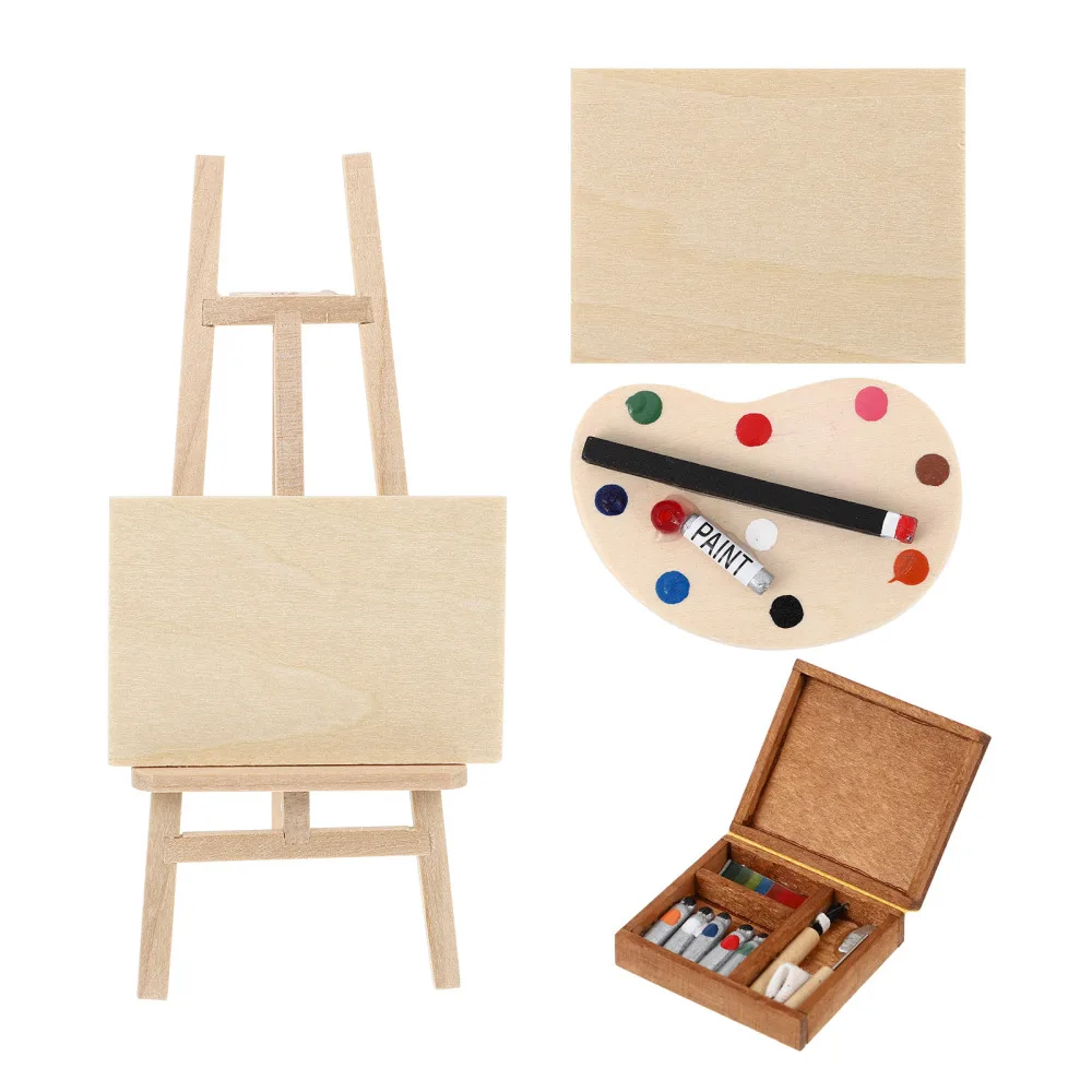 

4pcs Miniature Wooden Easel Oil Painting Set Watercolor Box Adornment