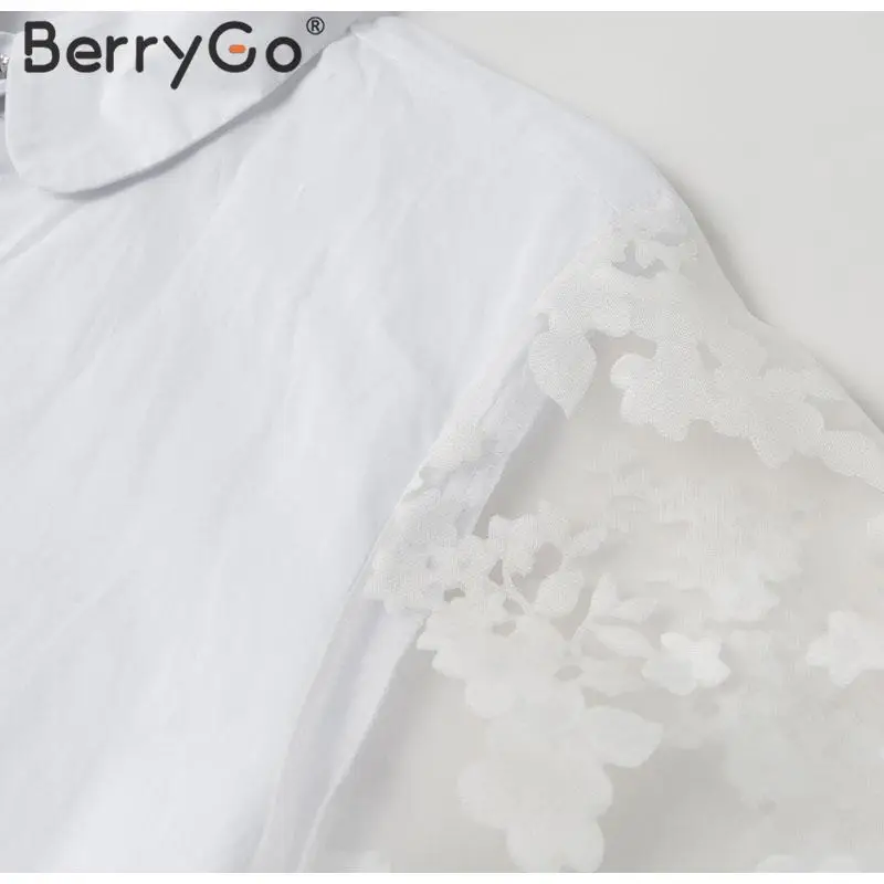BerryGo элегантная Цветочная сетчатая блузка рубашка женская пышная с длинным рукавом Женский Белый Топ рубашка Весна Лето Повседневные пуговицы женские топы