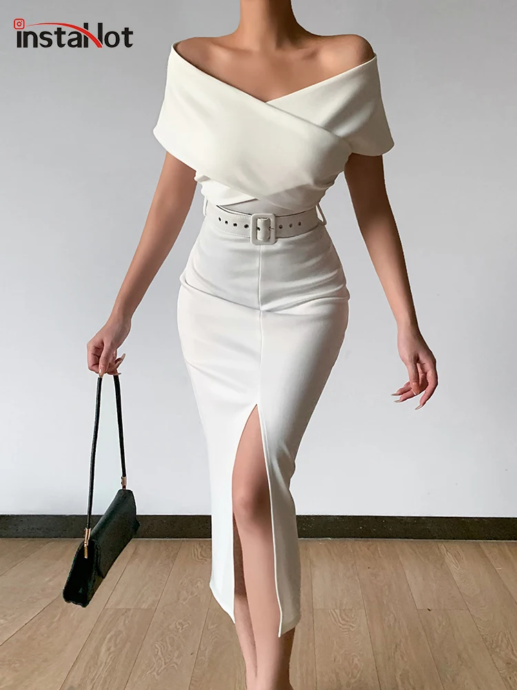 

Женское платье миди с открытыми плечами InstaHot, Белое Облегающее Платье с разрезом и вырезом лодочкой на лето, элегантные вечерние платья на с...
