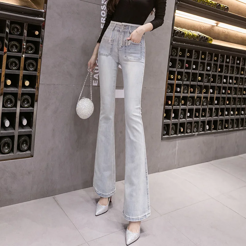 

#7864 Vintage Jeans Women High Waistet With Tassel Skinny Flared Jeans Light Blue Full Length Jeans Femme Push Up Womans Jeans