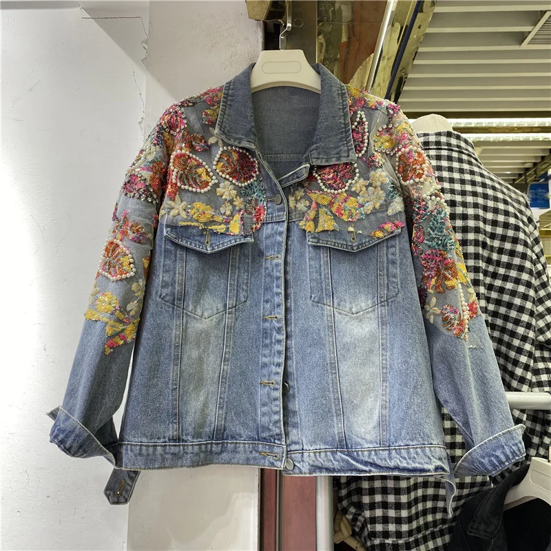 

Heavy work Diamond Beaded Color Sequin Flowers Women Denim jacket Loose Casual Long sleeve Jeans Casaco Feminino Spring 2023 New