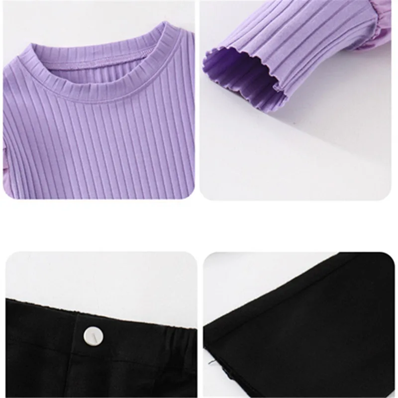 

Baby Girl Clothing Set Puff Sleeve Patchwork Knit Tops+Flare Pants 2pcs Set Teenage Kids Baby Girls Outfits Clothes Set 4-13 Yrs