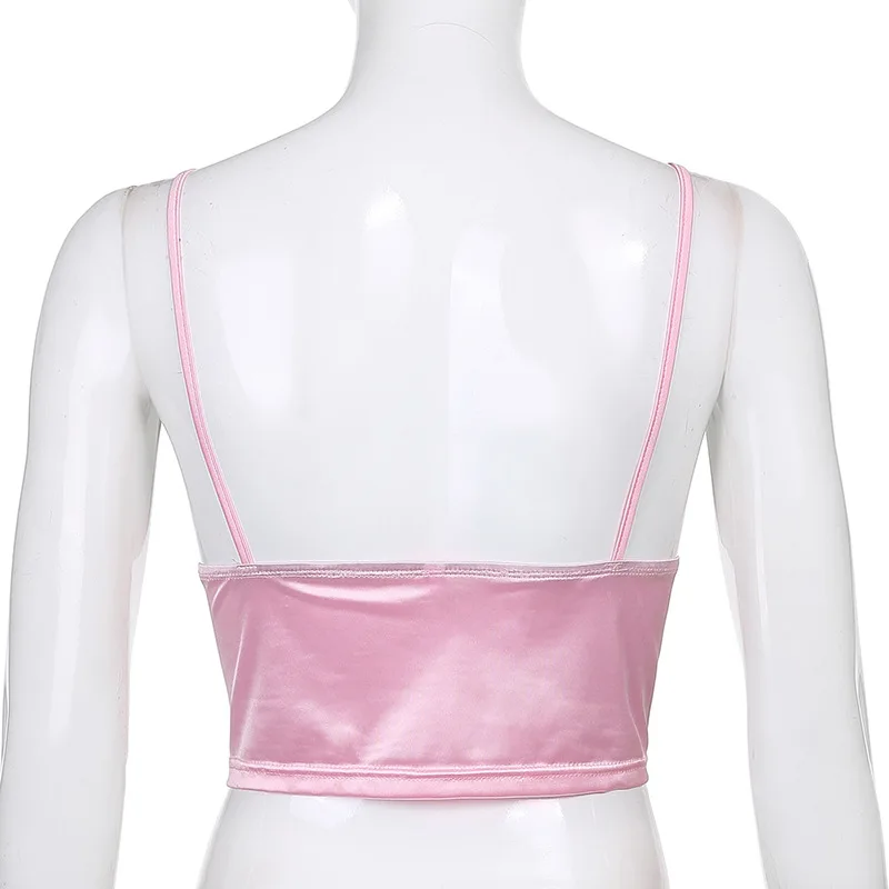 

ALLNeon 2000s Vintage Deep V-neck Satin Cami Tops Y2K Aesthetics Pink Backless Heart Crop Tops Cute Spaghetti Strap Top Fashion