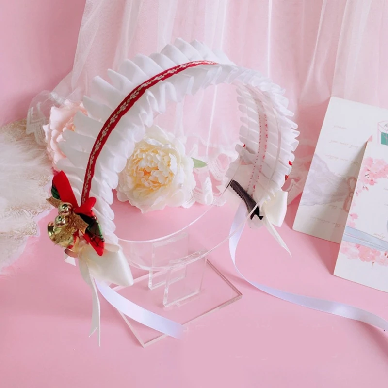 

Women Ruffles Lace Headband Lolita Ribbon Bows Hairbands with Bells Cat Ears Headwrap Maid Anime Hair Accessories