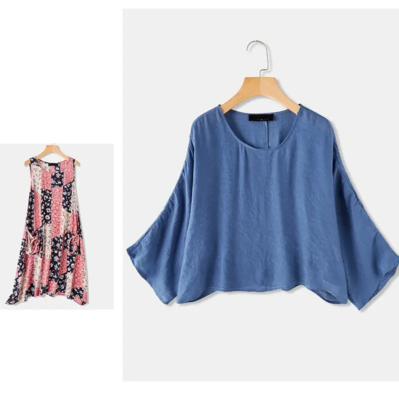 

M-5XL 2020 Summer Plus size Loose Floral Print Two-Piece Dress Casual Cotton Linen 4XL Dress Women Vintage Large Size Vestidos