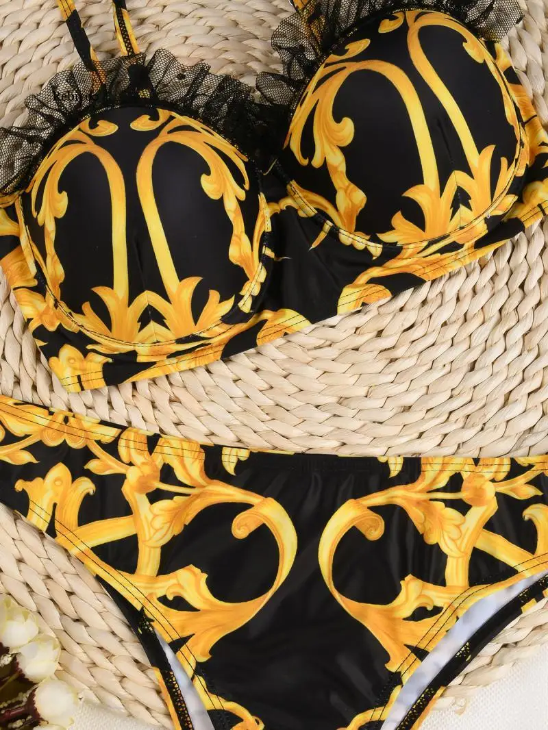 

2021 New Lace Swimsuit European and American Sexy Bikini Printed Underwire Bra Pad Split Ladies Swimsuit Swimwear