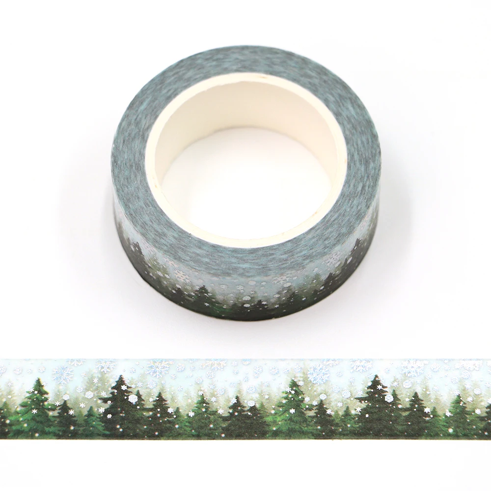 

10pcs/Lot 15mm x 10m Green Pines Silver Holographic Foil Snow Washi tape Scrapbook Paper Masking Adhesive Christmas washy tape