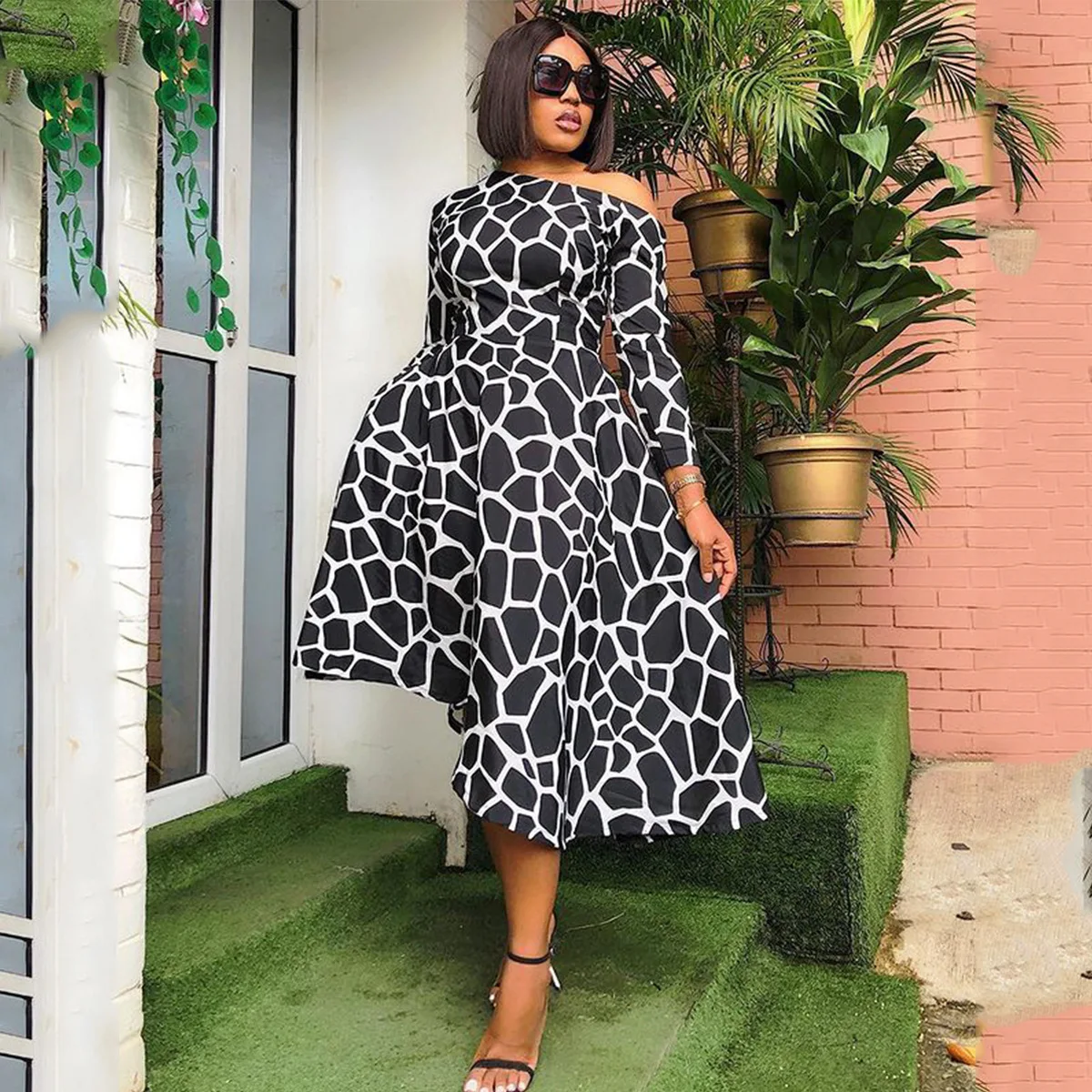

Coffeehot Women Dress Autumn Print Skew Collar Loose A-line Midi Dresses Female Asymmetrical Vintage Fashion Streetwear