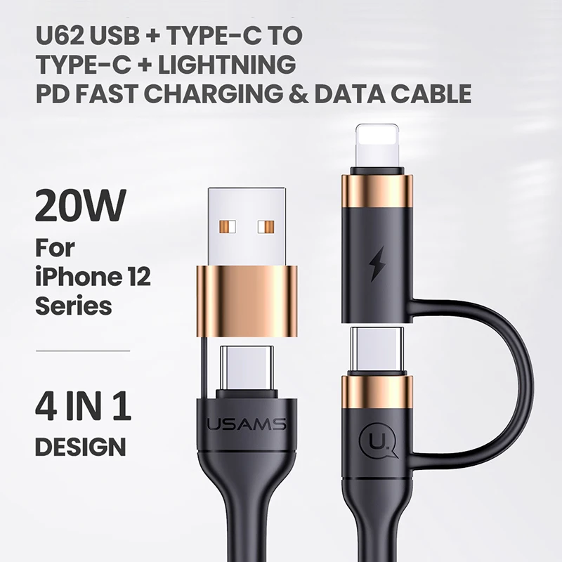 60Вт 4-в-1 Кабель для быстрой зарядки PD с двумя разъемами USB Type-C для iPhone X 11 12 Xiaomi Huawei OPPO Mobile