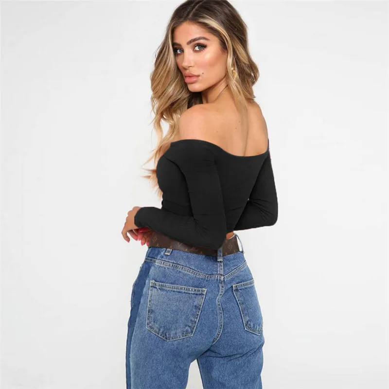 

Summer Streetwear Basic Black white Women T Shirt Vintage Long Sleeve Off Shoulder V-Neck Sexy Club Ladies Shirt Slim Tops Women