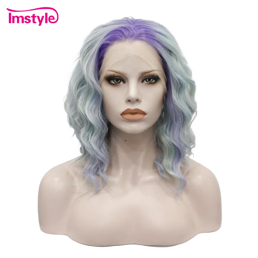 

Imstyle Short Wig Mix Color Purple Green Synthetic Lace Front Wigs For Women Deep Wave Dark Root Wig Heat Resistant Fiber 14''