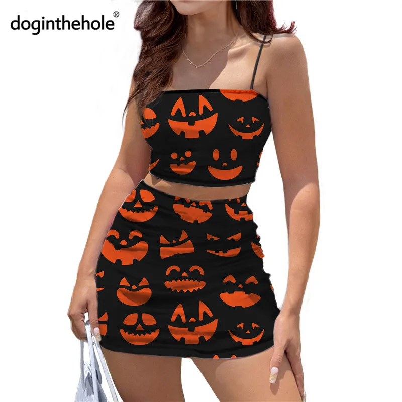 

Sexy Two Piece Dress Sets Halloween Night Party Crop Top and Mini Skirt Festival Clothing Pumpkin Pattern Halter Dress Suits