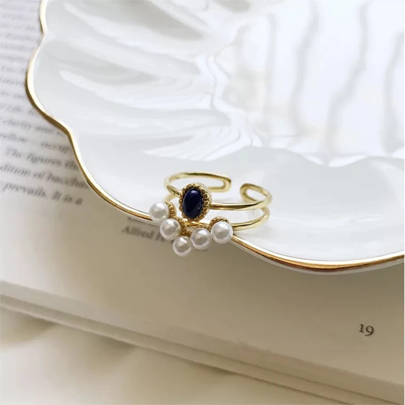 GHIDBK золото Цвет двойной натуральный камень жемчуг кольца для женщин 925
