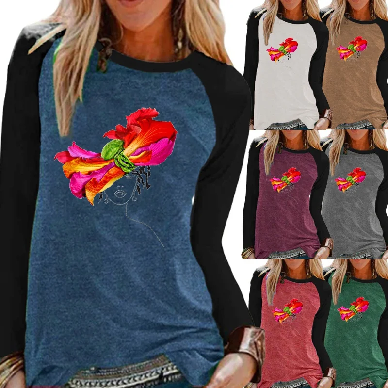 

Женская футболка с длинным рукавом, круглым вырезом и цветочным принтом