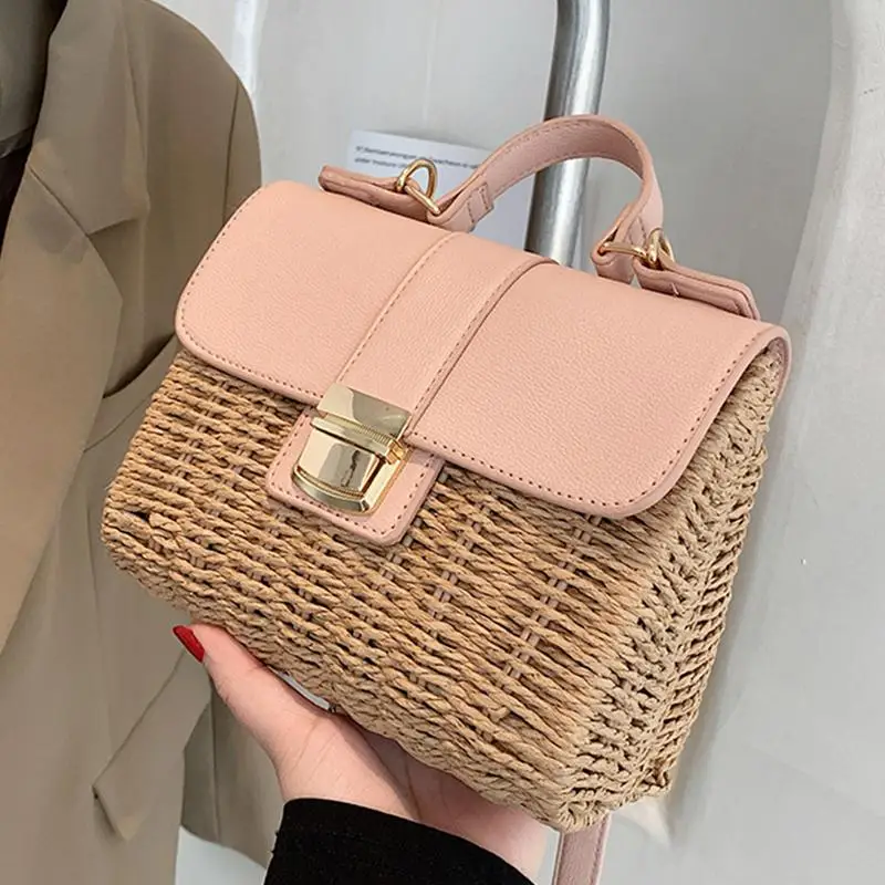 

Straw Splice PU Leather Women Shoulder Bag Bohemia Woven Square Tote Bags For Women Rattan Weave Beach Handbags Women's Bag 2021