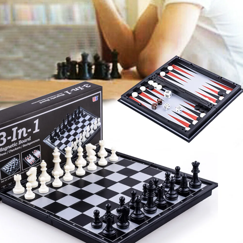 

3 In 1 Funny Travel Portable Games Chess Set Gift Toy Magnetic Board Backgammon Kids Folding Checkers Adult Entertainment