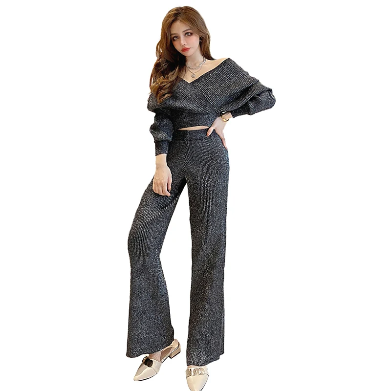 

Женский комплект из двух предметов, короткий свитер и брюки, пуловер с V-образным вырезом, яркий Шелковый костюм, Осень-зима