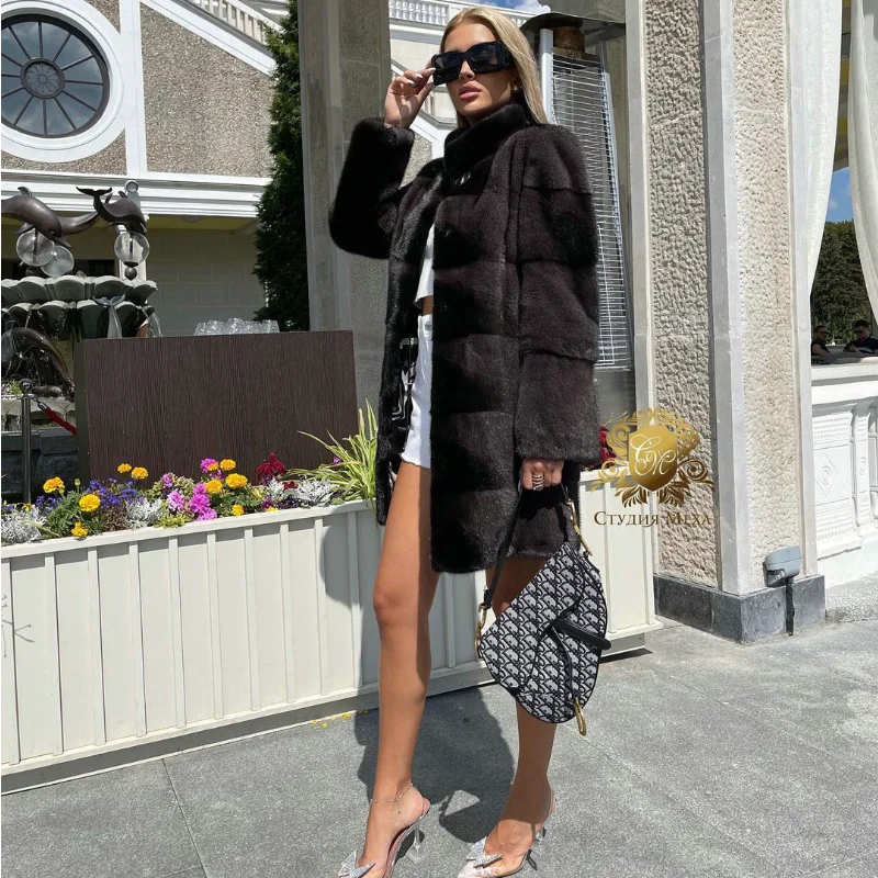 FURSARCAR 2021 New Arrival Real Fur Coat Natural Mink Fur Luxury Female Medium Jacket Thick Warm Winter Fashion Slim Overcoat