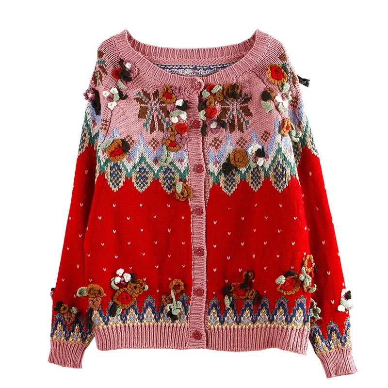 Ancient sweater early autumn hand knitted three-dimensional flower wheel college bright sweater cardigan woman