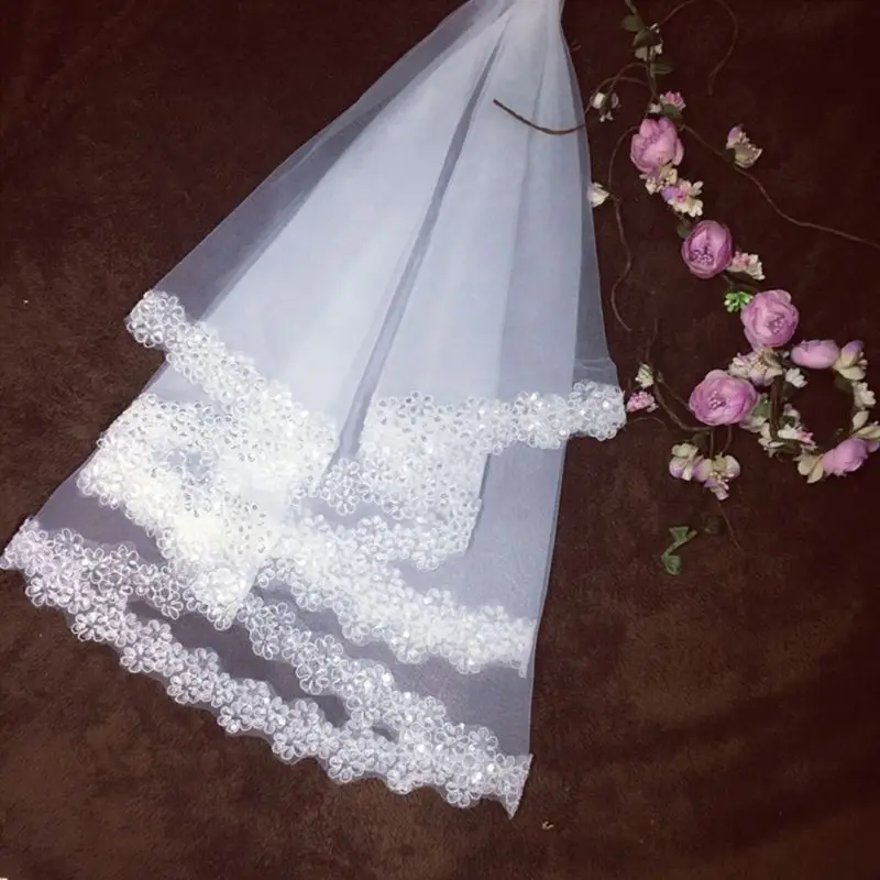 

1.5M 1 Layer Women Bridal White Long Wedding Tulle Veil Glitter Sequins Embroidered Plum Blossom Edge Marriage Solid Color Comb