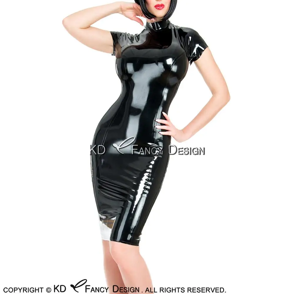 Черное сексуальное латексное платье с рукавами-крылышками и застежкой-молнией