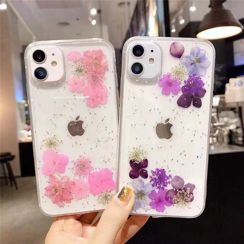 Qianliyao Dried Real Flower Handmade Clear Pressed Phone Case For iPhone 13 12 11 Pro Max X XS Max XR 7 8 Plus SE 2 Soft Cover