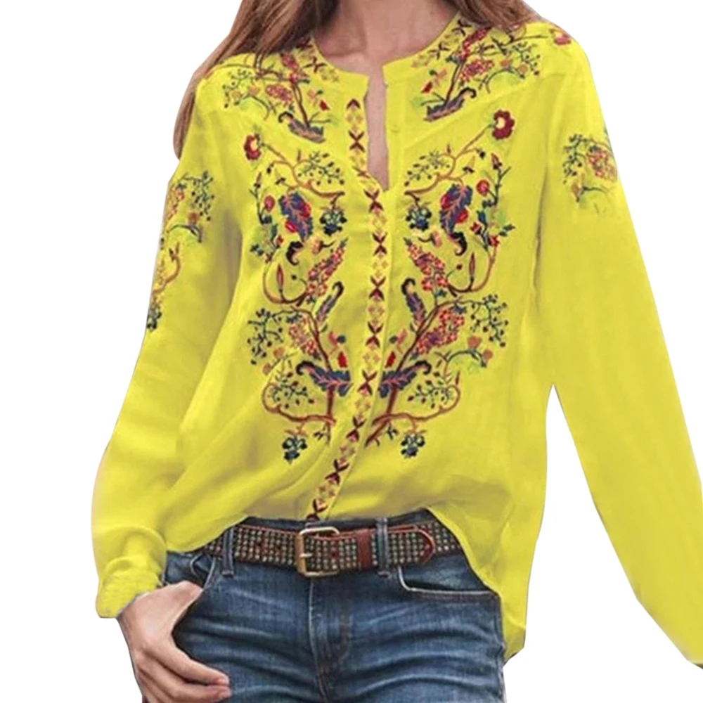 Yellow 2 Oeak размера плюс, женская блузка, летние топы, повседневный цветочный принт, блуза с рукавом-фонариком, топ с принтом, Свободный пуловер с круглым вырезом, топ, блузка - Цвет: Yellow 2
