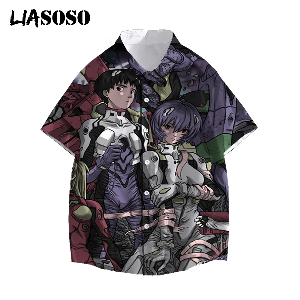 

LIASOSO 3D Printed Fashion Men Women Anime Evangeli Short Sleeve Casual Shirts Button Streetwear Beach Hawaiian Camouflage Tops