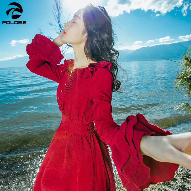 Autumn and Winter Retro Corduroy Flared Sleeve Dress Red Big Swing Holiday Long Skirt Was Thin Waist Temperament Fairy | Женская одежда