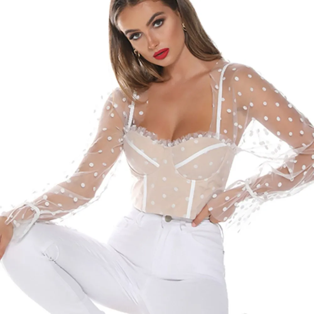 Винтажный сетчатый укороченный топ в горошек с длинным рукавом и рюшами для