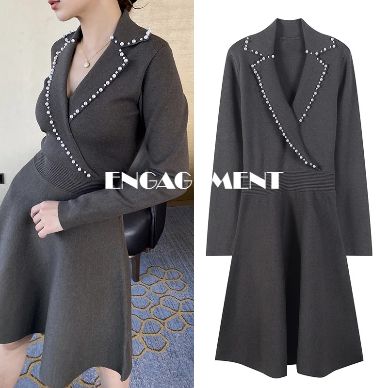 

ENGAGEMENT Sandrock Autumn Majeth 2021 New French Slim Solid Color V-neck Pearl Decorated Waist Knit Dress