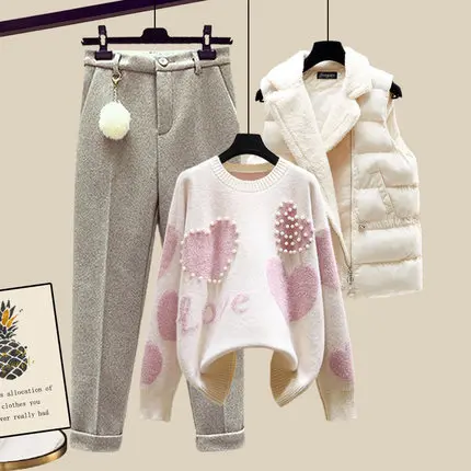 

FAKUNTN Winter New Warm Sweater 3 piece set Women Korean Fashion Sweet Heart-shaped beaded Sweater +Lamb wool vest +Pants Suits