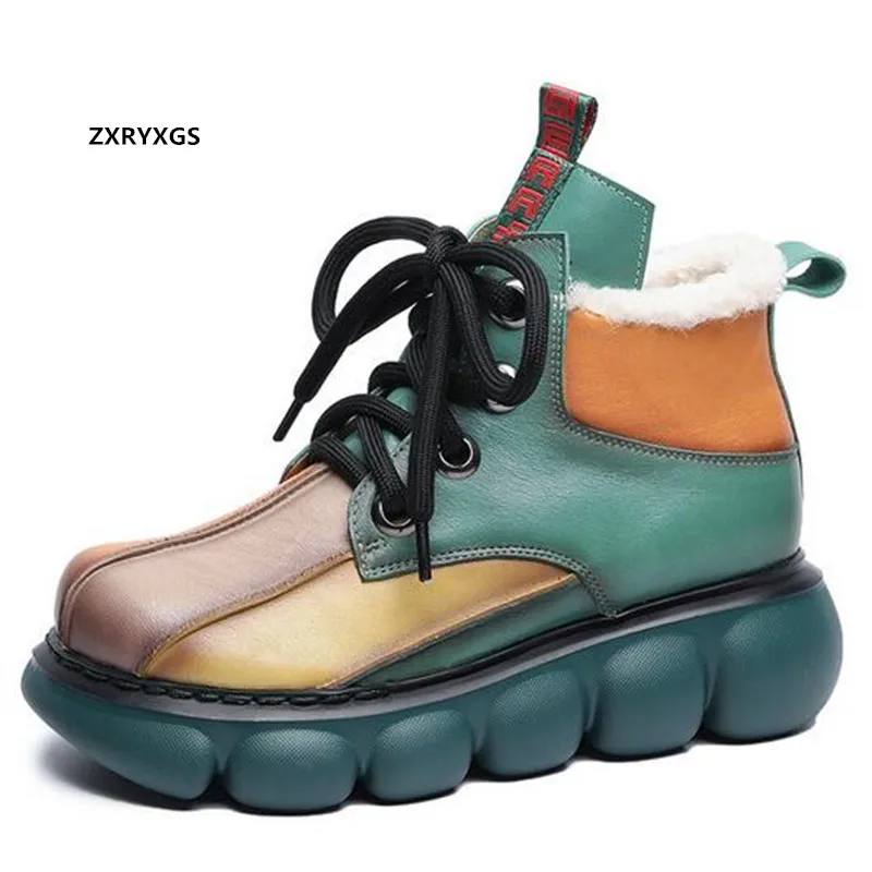 

High Quality Cowhide Spell Colors Winter Warm Snow Boots Women's Boots Platform Wedges Heighten Shoes Trendy Boots Real Fur Wool