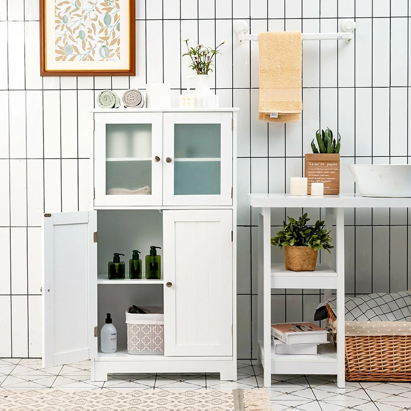 

Bathroom Floor Storage Locker Kitchen Cabinet Waterproof Paint Tempered Glass Doors Adjustable Shelf Exquisite Storage Cabinet
