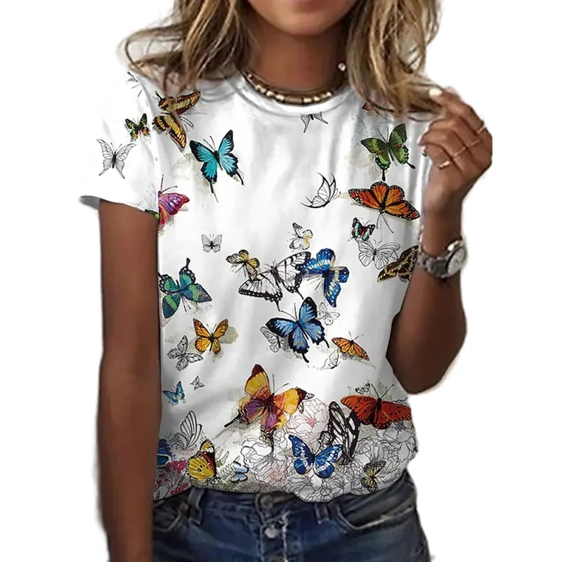 

2022 Summer White Butterfly Pattern Casual Women's Clothing Cloth Color Short Sleeve T-Shirt Women's Tops