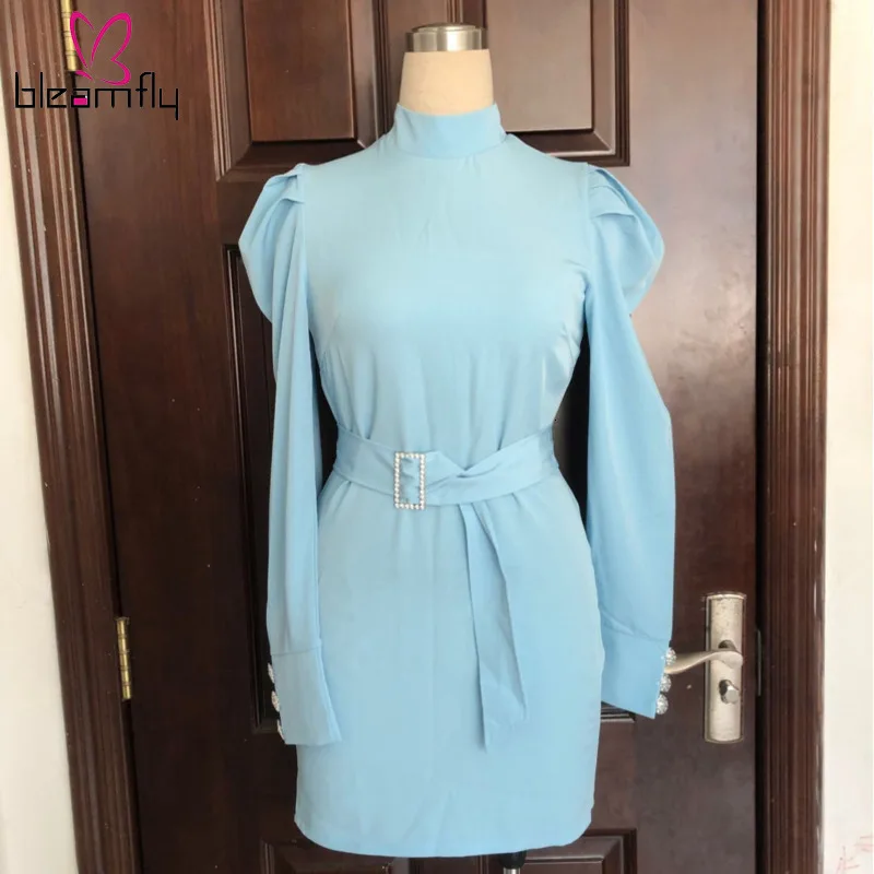 Женское мини платье с длинным рукавом и высоким воротником элегантная офисная