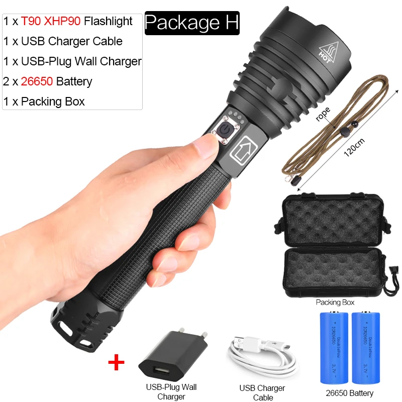 Package H XHP90 светодиодный фонарик X-Lamp заряжаемый через интерфейс USB фонарь XHP70.2 тактический фонарь Zoom светодиодный фонарик, водонепроницаемый фонарик с 18650 - Испускаемый цвет: Package H