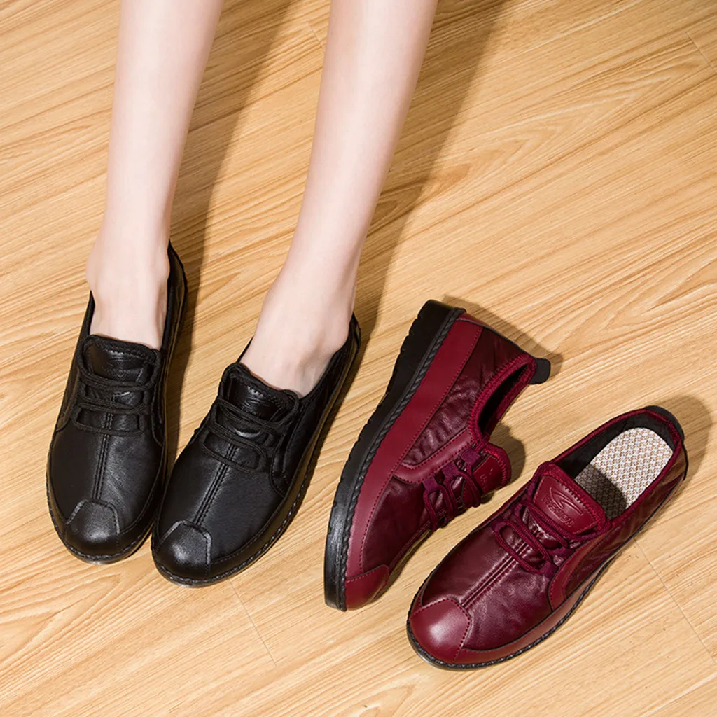 Женские модные повседневные однотонные удобные кожаные туфли на шнуровке для