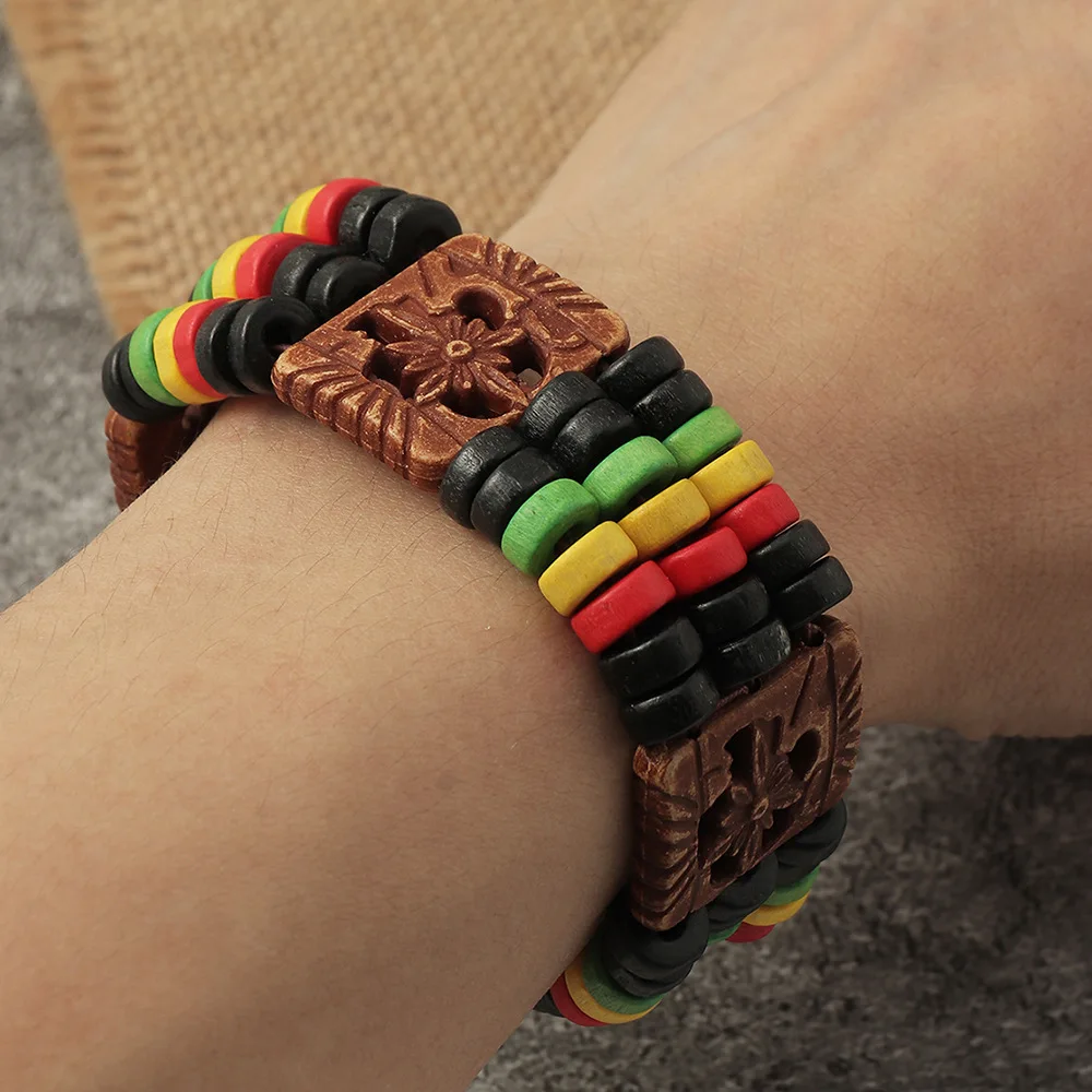 

Bohemian Handmade Wood Beaded Elastic Strand Handcuff Bangles Women Braided Multilayer Bracelet For Women Holiday Jewelry Gift