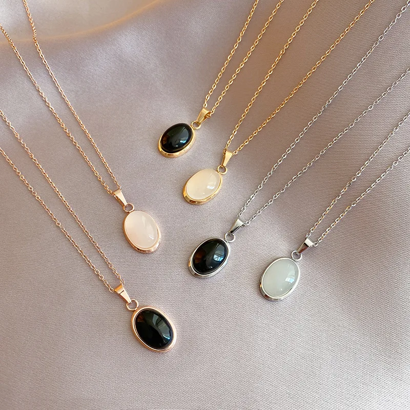 

Black White Opal Pendant Jewelry for Women Choker Gem Pendant Necklace Titanium Steel 18K Gold Plated Vintage Wedding Jewelry